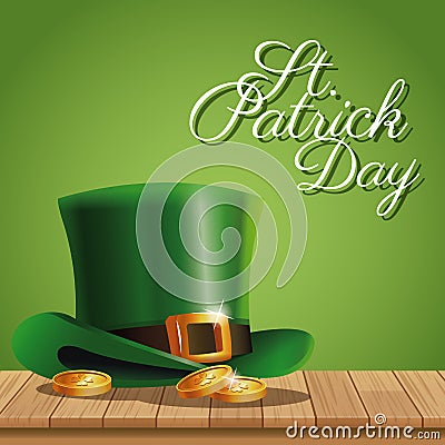 Poster st patrick day gold coins hat on wooden green background Vector Illustration