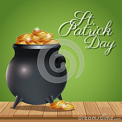 Poster st patrick day pot coins gold on wooden green background Vector Illustration