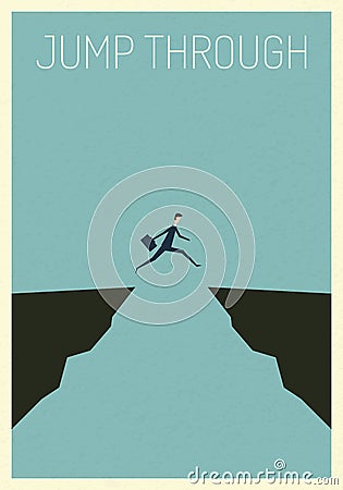 poster stile. business finance. businessman jumping over chasm concept. Symbol of business success, chal Stock Photo