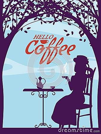 Poster Street Cafe autumn, girl on the chair, fall mood. Cup, chair, table, kettle retro style vector illustration Vector Illustration