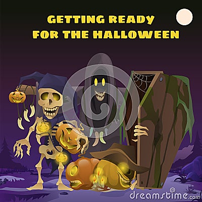 Poster in style of holiday all evil Halloween. Scarecrow in the form of ghosts in the hoodie at midnight by the light of Vector Illustration