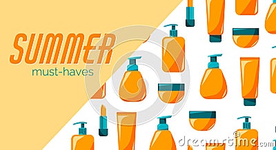 Poster of summer must-haves with spf for advertising, sunscreen bottle, tube Vector Illustration