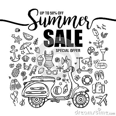 Poster summer sales, set of black icons and symbols with motorbike on white background, flyer templates with lettering Vector Illustration