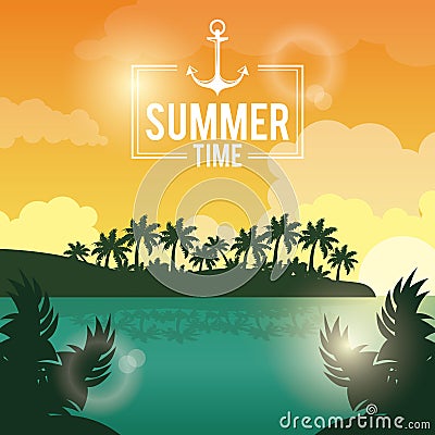 Poster sunset landscape of palm trees on the beach with logo summer time with anchor Vector Illustration