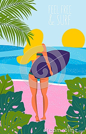 Poster with surfer girl with longboard on the beach. Beach lifestyle poster in retro style. Flat illustration. Vector Illustration