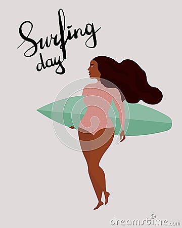 Poster with black surfer girl with surfboard. Lettering International Surfing day Vector Illustration