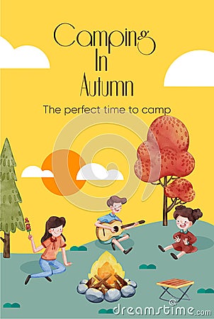 Poster template with autumn camping picnic concept,watercolor style Vector Illustration