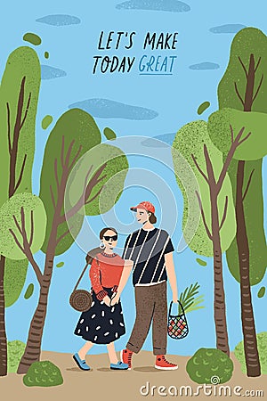 Poster template with cute couple holding hands and walking together at park and romantic phrase. Young boy and girl in Vector Illustration