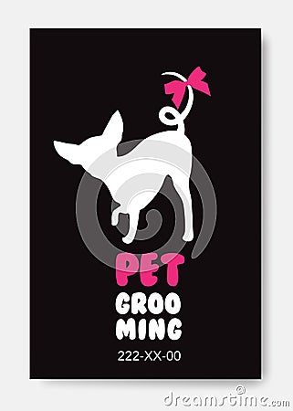 Poster template with dog silhouette on black background. Pet gro Vector Illustration