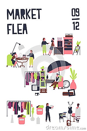 Poster template for flea market or rag fair with buyers and sellers of accessories, vintage furnishings, stylish Vector Illustration