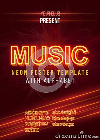 Poster Template with Glowing Neon Alphabet. Vector Illustration