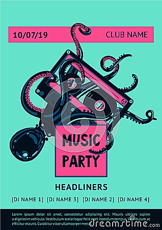 Poster template with octopus and vinyl record. Night party vector background. Summer dance music festival. Vector Illustration