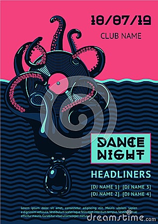 Poster template with octopus and vinyl record. Night party vector background. Summer dance music festival. Vector Illustration