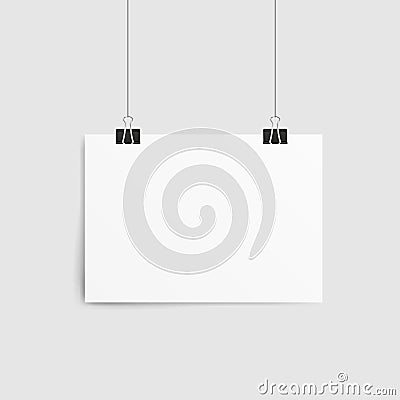 Poster template of a paper sheet. Empty paper frame mockup hanging with paper clip. Vector Illustration