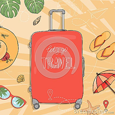 Poster on the theme of summer travel, leisure and adventure. A large red suitcase on wheels and summer accessories on Vector Illustration