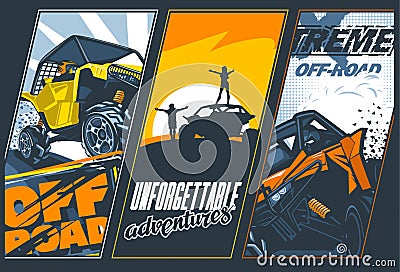 Poster of three banners with UTVs off-road vehicles. Vector graphics Vector Illustration