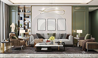 Poster three frame mockup model in modern interior background calm color green living room - 3d rendering Stock Photo