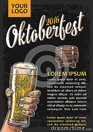 Poster to oktoberfest festival. Hands holding beer glasses glass and wooden barrel. Vector Illustration