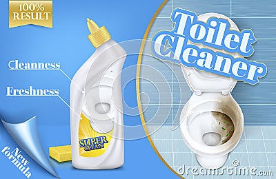 poster of toilet cleaner ads, before and after effect of detergent, top view in 3d illustration. Cleaning concept Cartoon Illustration