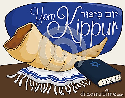 Shofar Horn, Tallit and Book for Prayers in Yom Kippur, Vector Illustration Vector Illustration