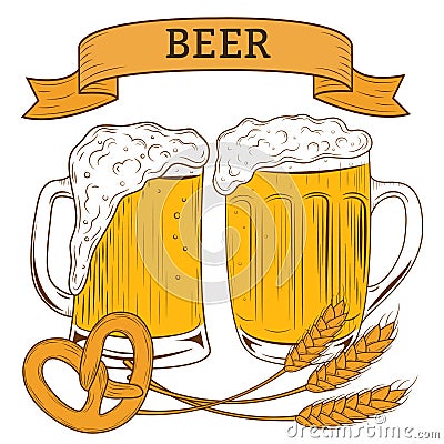 Poster with two beer mugs. Oktoberfest vector illustration hand drawn. Vector Illustration