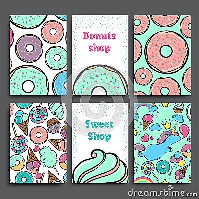 Poster vector template set with donuts. Advertising for bakery shop or cafe. Sweet background. Vector Illustration