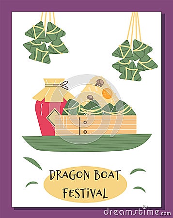 Poster or vertical banner with traditional food of Dragon boat festival flat style Cartoon Illustration
