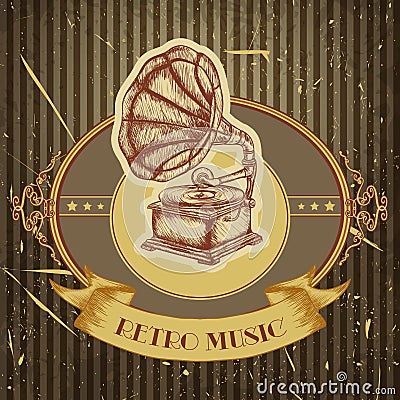 Poster with vintage gramophone. Retro hand drawn vector illustration label retro music Vector Illustration