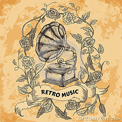 Poster with vintage gramophone, roses, leaves, feathers and ribbon banner on aged paper background. Retro hand drawn vector Vector Illustration