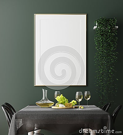 Poster, wall mock up in dark green dining room interior Stock Photo
