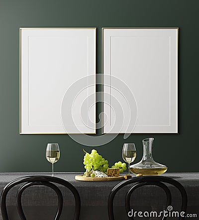 Poster, wall mock up in dark green dining room interior Stock Photo