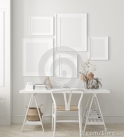 Poster, wall mock up in home interior background, home office, Scandinavian style Stock Photo