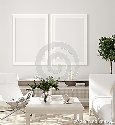 Poster, wall mockup in beige interior with white sofa, wooden table and plants, Scandinavian style Stock Photo