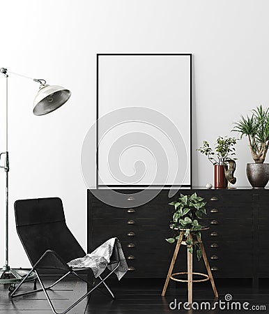 Poster, wall mockup in interior background with dark furniture, industrial style Stock Photo