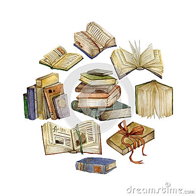 Poster with watercolor books set. Open books and stack of books. Education and knowledge concept. Isolated objects on white backgr Cartoon Illustration