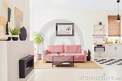Poster on white wall above pink couch in flat interior with kitchenette and fireplace. Real photo Stock Photo