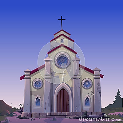 Poster in wild West style. Old made of stone Catholic Church in the night. Vintage architecture in style of wild West Vector Illustration