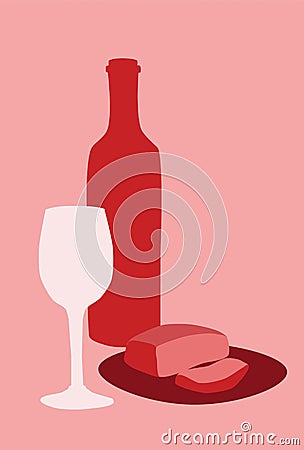 Poster wine with glass and steak, collage in red-pink monochrome colors, minimalism style, vector stock illustration for design Vector Illustration