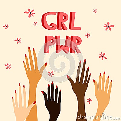 Poster with woman hands. Feminism placard. Print with hands of people of different nationalities and races Vector Illustration