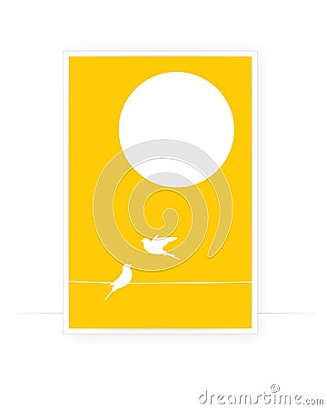 Birds on wire on sunset, vector. Scandinavian minimalist art design. Birds silhouettes isolated on yellow background Vector Illustration