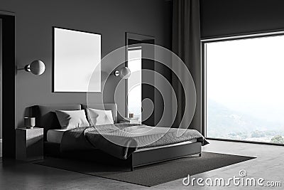 Poster for your design in the panoramic dark grey bedroom Stock Photo