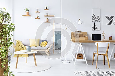 Posters above desk with laptop in white living room interior with couch and wooden table. Real photo Stock Photo