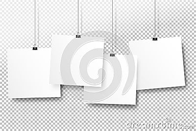 Posters on binder clips. White notepad paper templates. Realistic illustration. Empty mockup frames for your drawings Cartoon Illustration