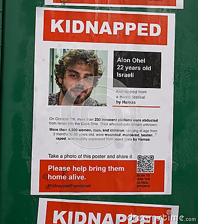 Posters in Brooklyn, New York showing kidnapped Israelis after the attack of Hamas on October 7, 2023 Editorial Stock Photo