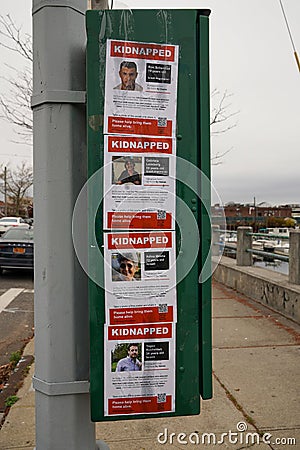 Posters in Brooklyn, New York showing kidnapped Israelis after the attack of Hamas on October 7, 2023 Editorial Stock Photo