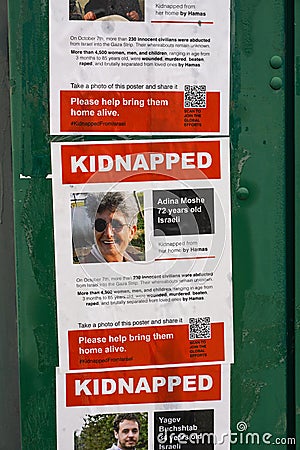 Posters in Brooklyn, New York showing kidnapped Israelis after the attack of Hamas on October 7, 2023 Editorial Stock Photo