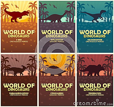 Posters collection World of dinosaurs. Prehistoric world. Jurassic period. Vector Illustration