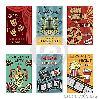 Posters design set with theatre and cinema symbols. Vector illustrations isolate Vector Illustration