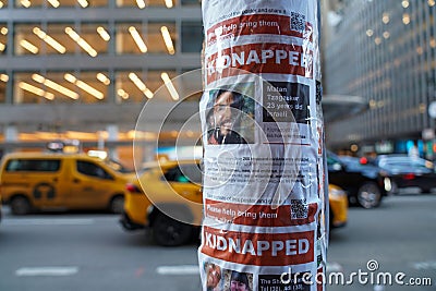 Posters in Manhattan, New York showing kidnapped Israelis after the attack of Hamas on October 7, 2023 Editorial Stock Photo