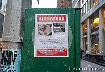 Posters in Manhattan, New York showing kidnapped Israelis after the attack of Hamas on October 7, 2023 Editorial Stock Photo